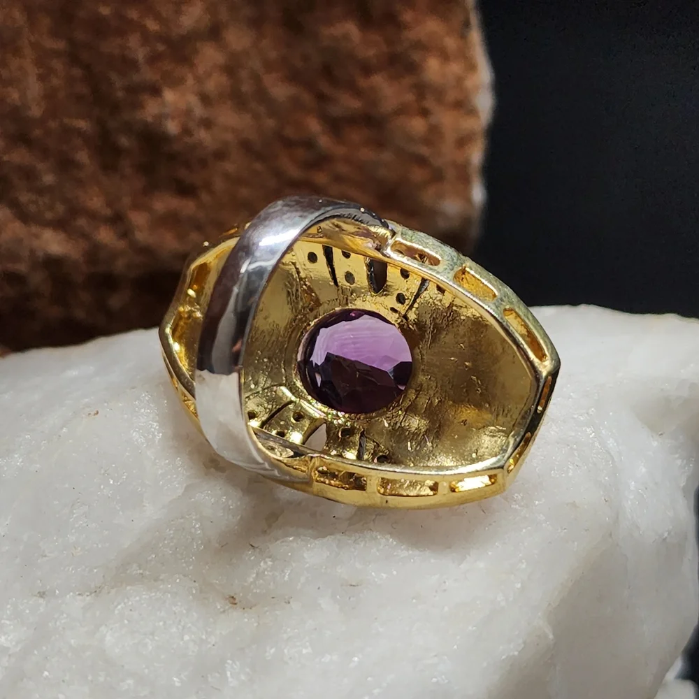 Sterling Silver 925/18k Gold Massive Ring Diamond Amethyst Gemstones
